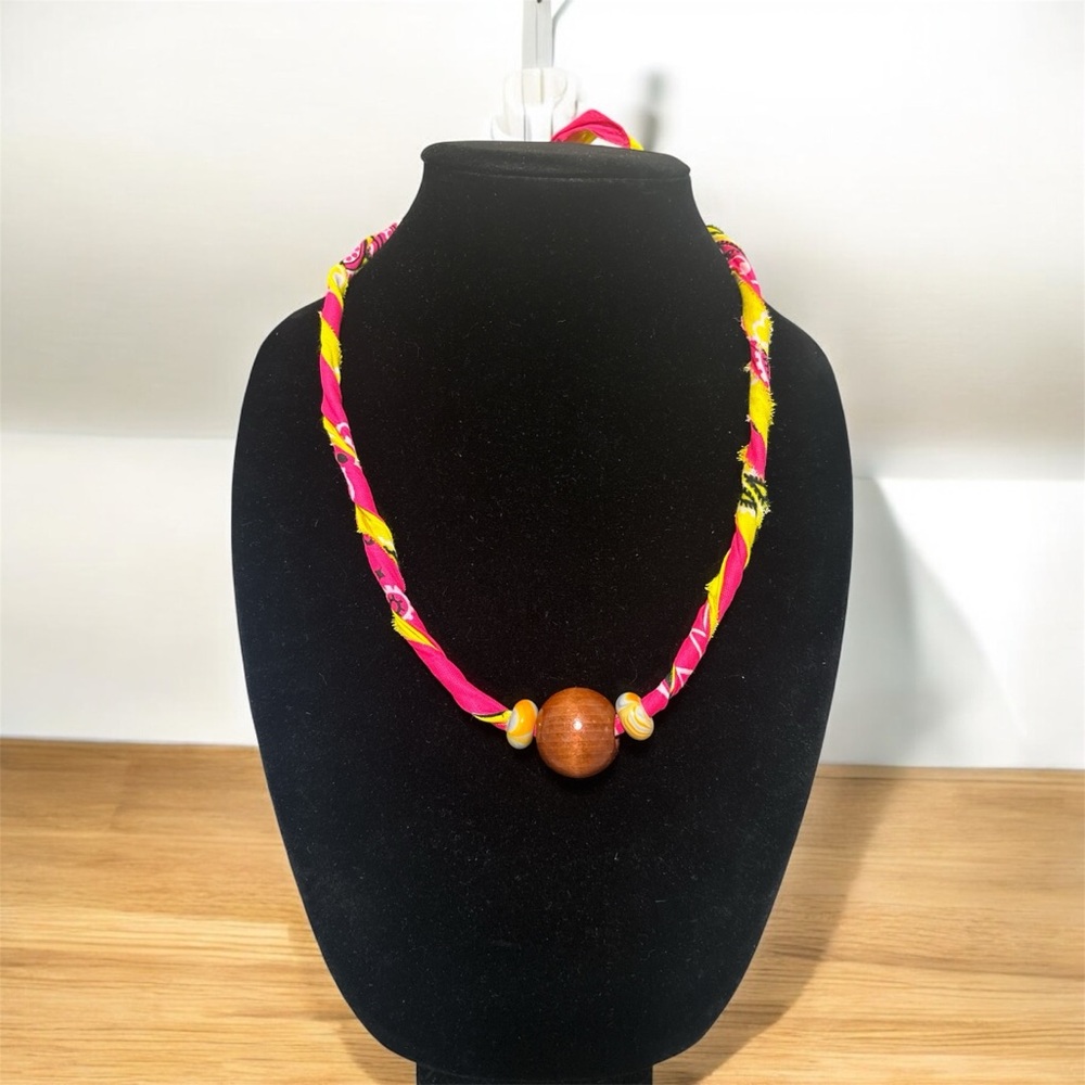 (#53) Handmade Pink and Yellow Bandana Necklace with Wooden Bead